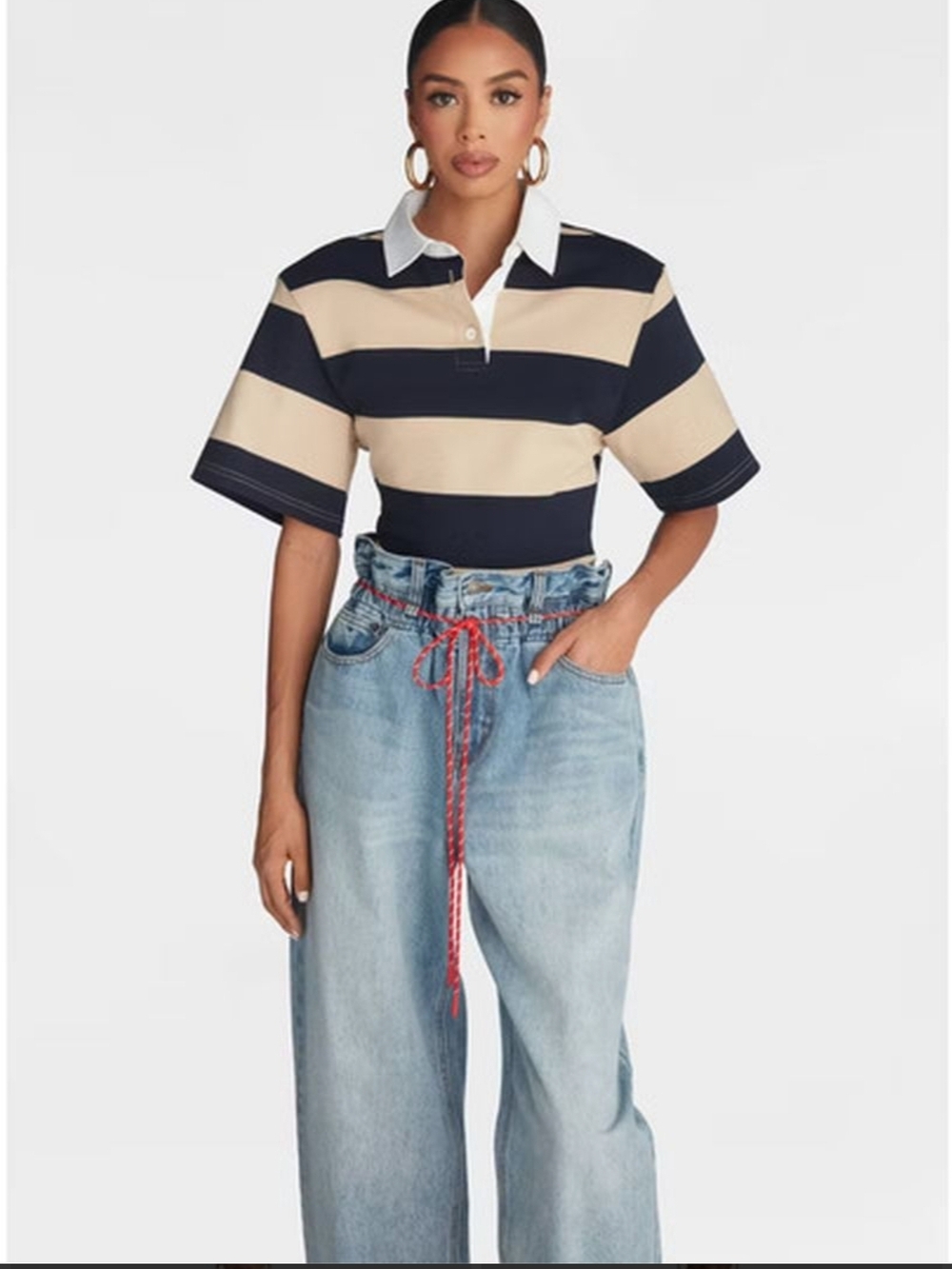 KBB Striped Collared Polo Top in Navy and Beige